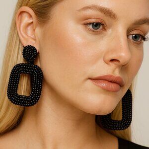 Paparazzi Black Beaded Statement Earrings – Lightweight Geometric Dangle Jewelry